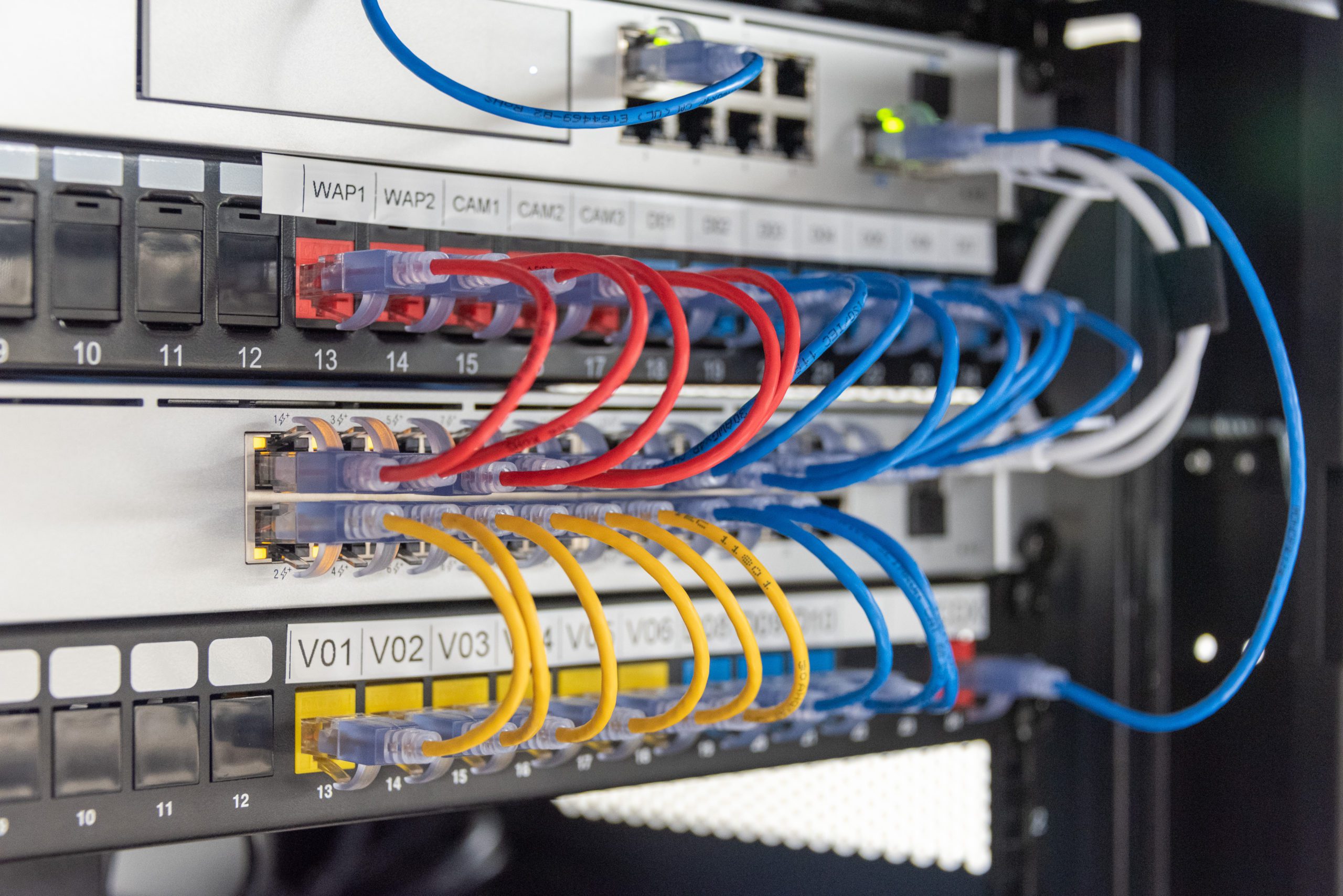 Labelled patch panel and network switch installed at Good Shepherd Veterinary Hospital, with ports marked for access points and cameras